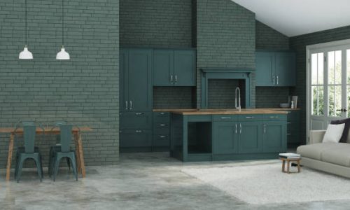 Modern interior of a country house. Interior with dark green kitchen and green brick walls. 3D rendering.