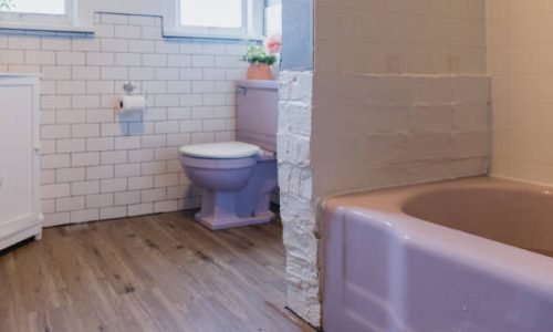 Vintage purple tub and toilet from the 70s in a bathroom in a residential home.